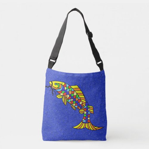 Big Bold Colorful Abstract Fish on Deep Blue Crossbody Bag