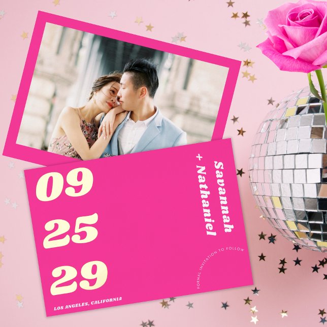 Big Bold Date Hot Pink Retro Real Foil Wedding Invitation (Creator Uploaded)