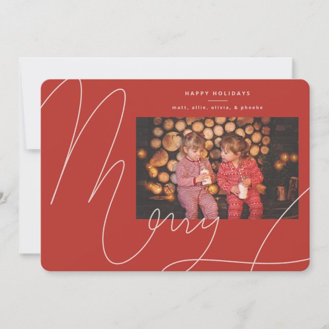 Big Bold Fun Red Orange Script Merry Holiday Card (Front)