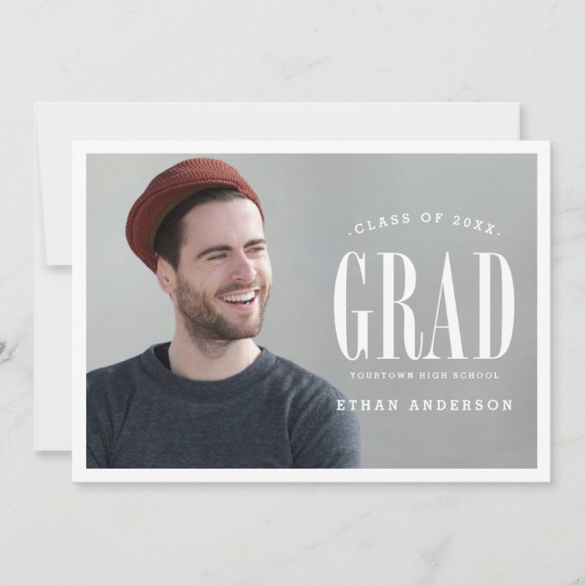 Big Bold Grad | White Text Photo Graduation Party Invitation (Front)