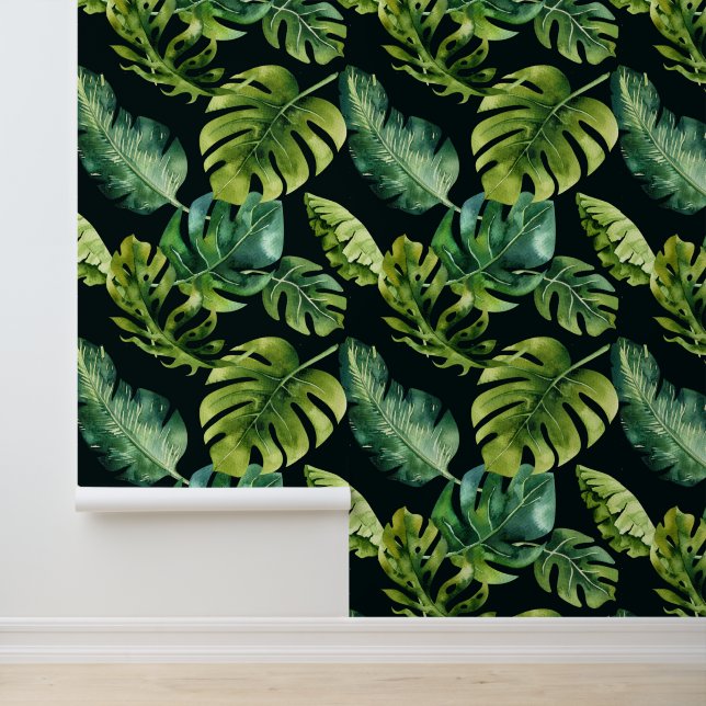 Big Bold Green Tropical Leaves on Black Wallpaper (Application)