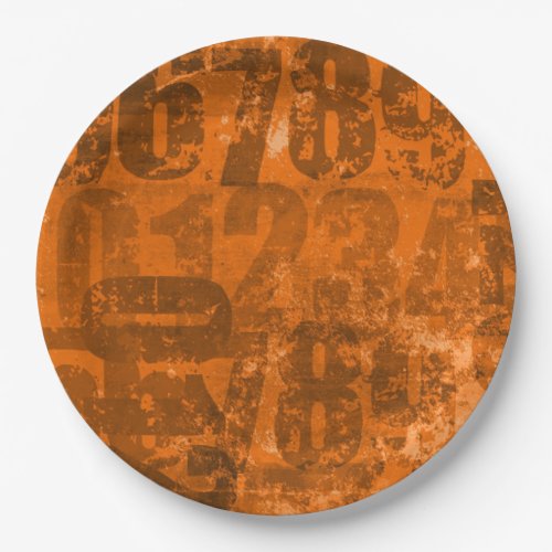 Big Bold Numbers on Brownish Orange Grunge Texture Paper Plates