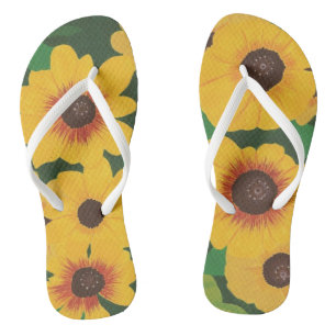 Big Bold Painted Yellow Sunflowers Green FlipFlops