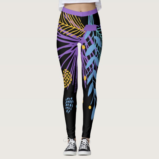 Big Bold Purple Blue Yellow Botanical Leggings (Front)