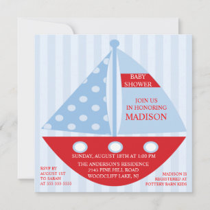 Big Bold Red Blue SAILBOAT Boy Baby Shower Invitation