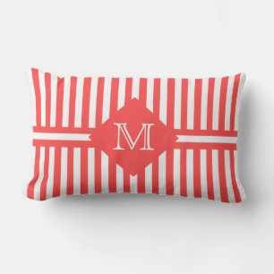 Big Bold Salmon and White Stripes with Monogram Outdoor Pillow
