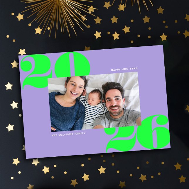 Big Bold Year New Years Photo Lilac Acid Green Holiday Card (Creator Uploaded)