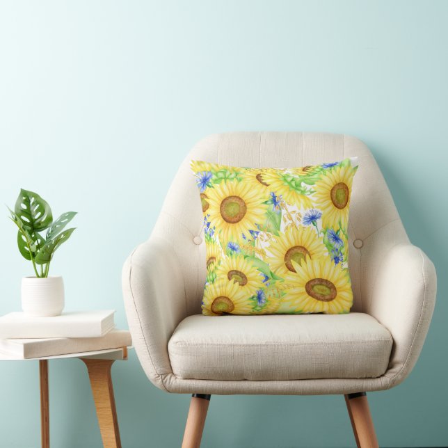 Big Bold Yellow Sunflowers with Blue Throw Pillow (Chair)