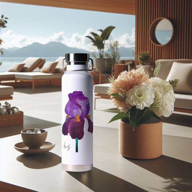 Big bottle of purple iris flower watercolor (Bouteille d'eau iris violette aquarelle)