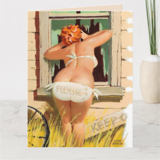 BIG BOTTOMED WOMAN ART PEEKING IN TO SAY HELLO CARD
