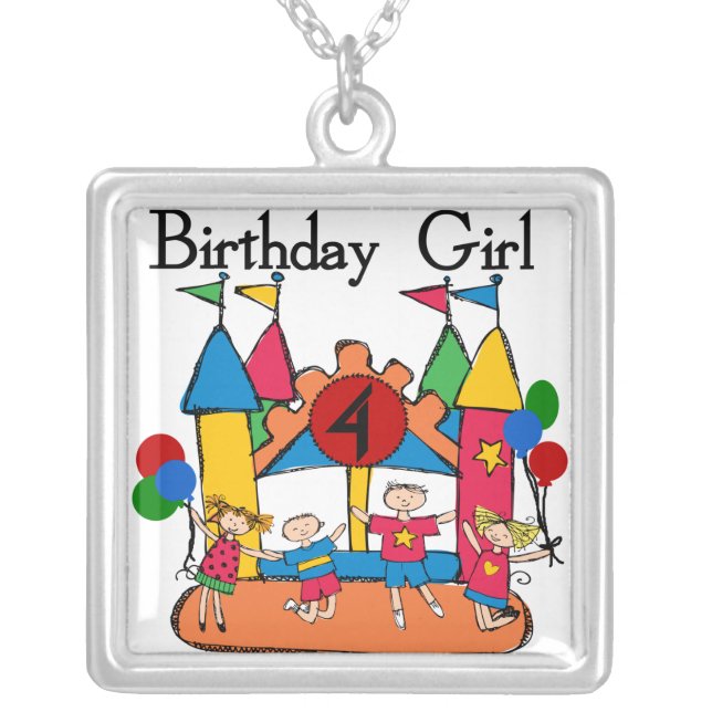 Big Bounce Girl 4th Birthday T-shirts and Gifts Silver Plated Necklace (Front)
