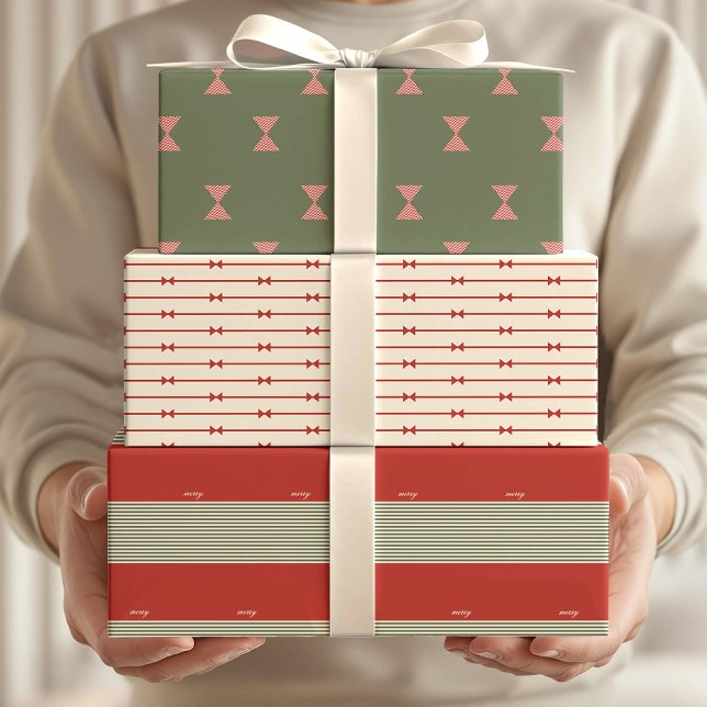 Big Bow of Striped Ribbon Wrapping Paper Sheets (Holiday Gift Wraps - 3 styles)