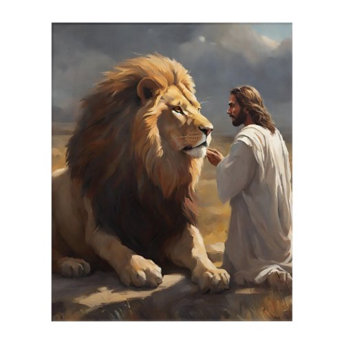 Big Brave Lion Meets Jesus Acrylic Print