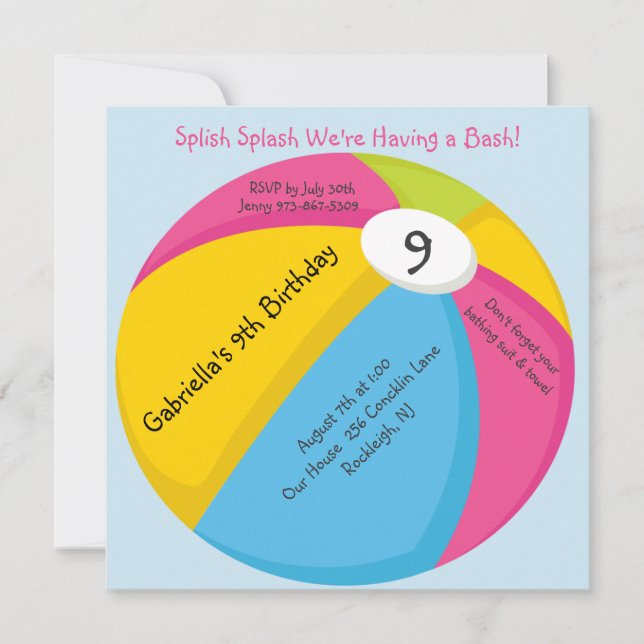 Big, Bright Beach Ball Birthday Invitation (Front)