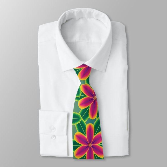 Big Bright Tropical Flowers Hawaiian Jungle Neck Tie (Tied)