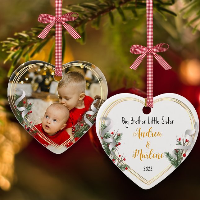 Big Bro Little Sis Photo Holly Pine Gold Frame  Ceramic Ornament (Creator Uploaded)