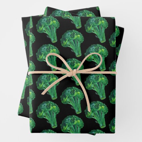 Big Broccoli on Black Watercolor Pattern Gift Wrapping Paper Sheets