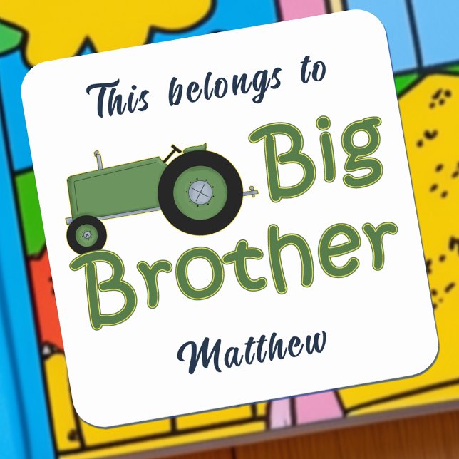 Big Brother Green Tractor Personalized Square Sticker (Big Brother Green Tractor Personalized Square Sticker)
