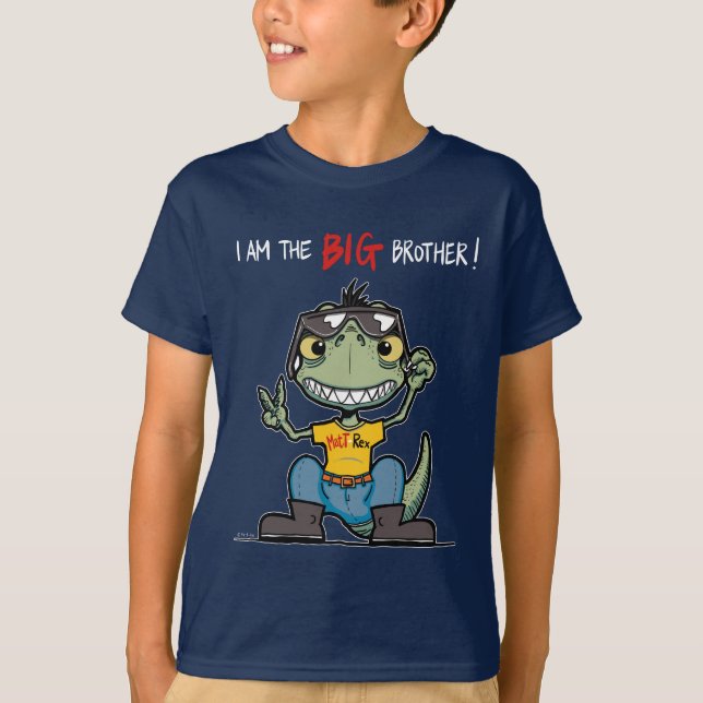 BIG brother Happy Green Dinosaur Cartoon Blue T-Shirt (Front)