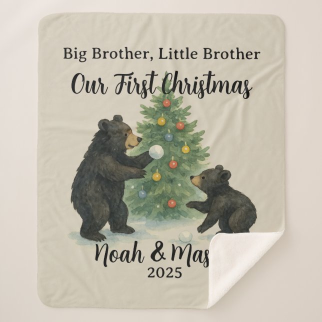 Big Brother Little Brother Bear Custom Christmas Sherpa Blanket (Front)