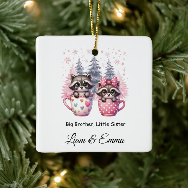 Big Brother Little Sister Raccoon Christmas Ceramic Ornament (Tree)
