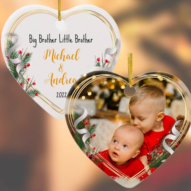 Big Brother Love Photo Holly Pine Gold Frame  Ceramic Ornament (Creator Uploaded)