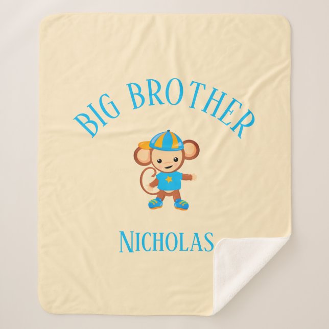 Big Brother Personalized with Name Monkey Sherpa Blanket (Front)