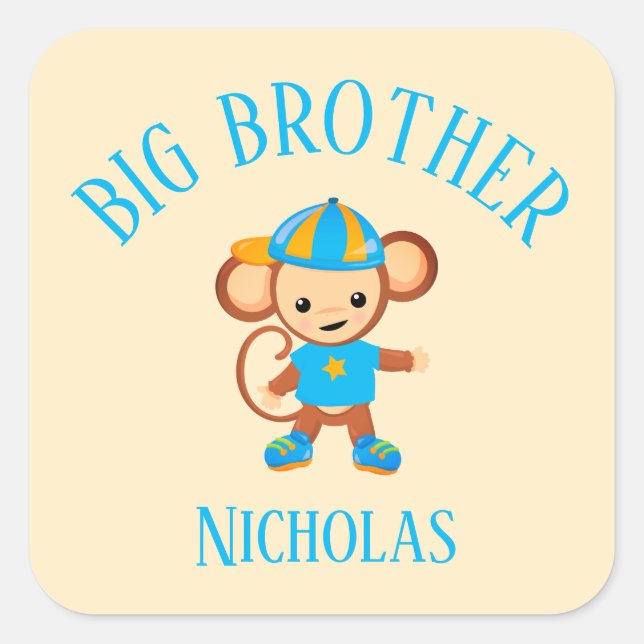 Big Brother Personalized with Name Monkey Square Sticker (Front)