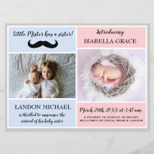 Big Brother Sibling Baby Girl Birth Announcement