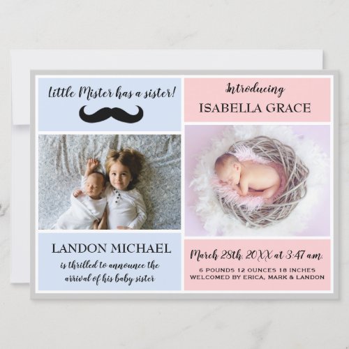 Big Brother Sibling Baby Girl Birth Announcement