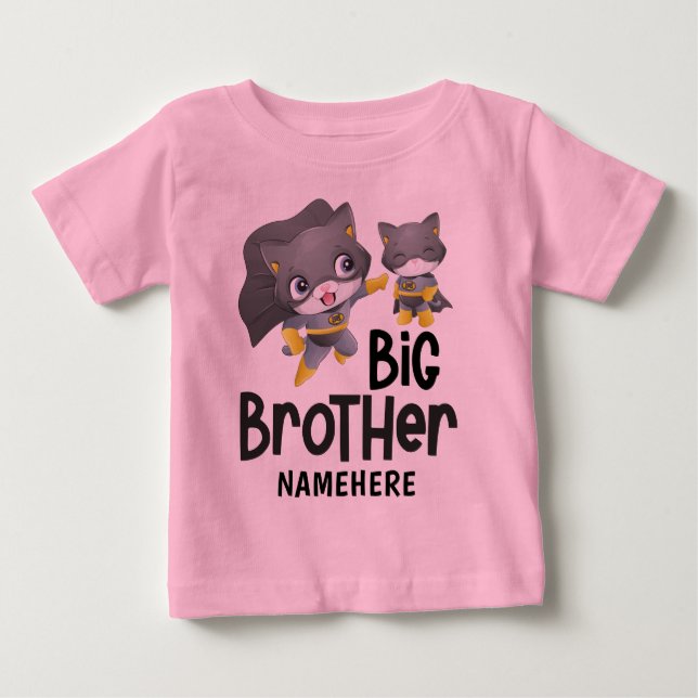 Big Brother Superhero Cat Illustration Custom Name Baby T-Shirt (Front)