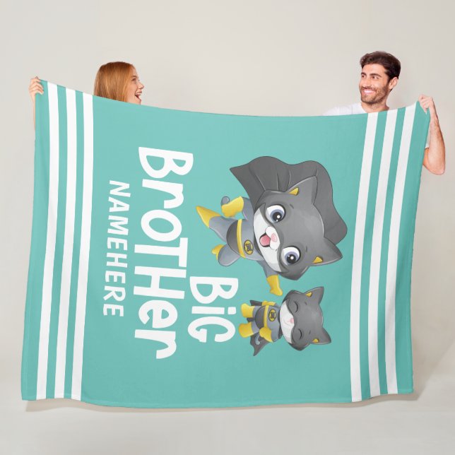 Big Brother Superhero Cat Illustration Custom Name Fleece Blanket (In Situ)