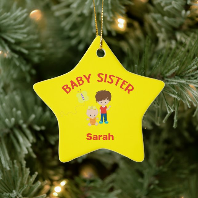 Big Brother with Baby Sister Name Year Star Custom Ceramic Ornament (Tree)