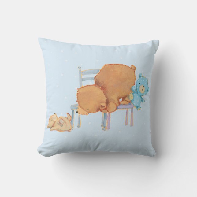 Big Brown Bear, Calico, & Floppy Share Two Chairs Throw Pillow (Front)