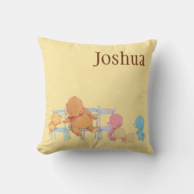 Big Brown Bear & Friends Share Four Chairs Throw Pillow (Front)