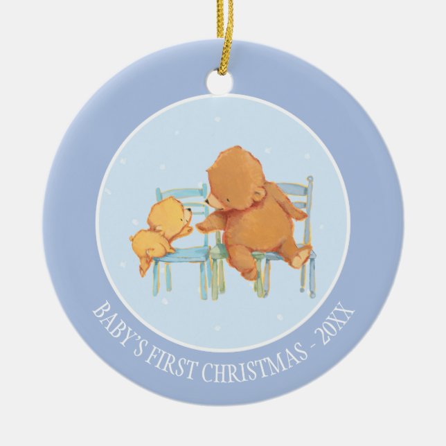 Big Brown Bear Helps Little Yellow Bear Ceramic Ornament (Front)