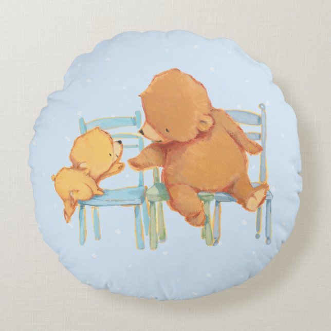 Big Brown Bear Helps Little Yellow Bear Round Pillow (Front)