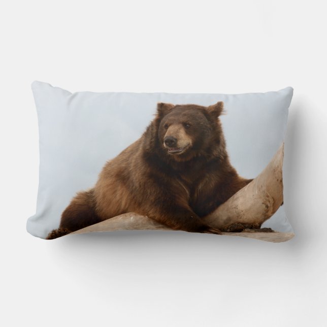 Big Brown Bear on a Log Lumbar Pillow (Front)