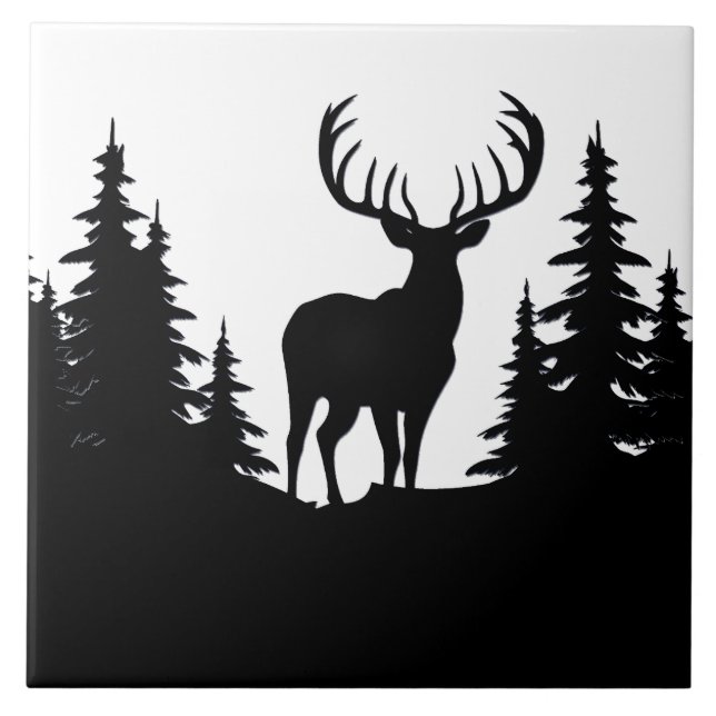 Big Buck Among Pine Tree Vector  Ceramic Tile (Front)