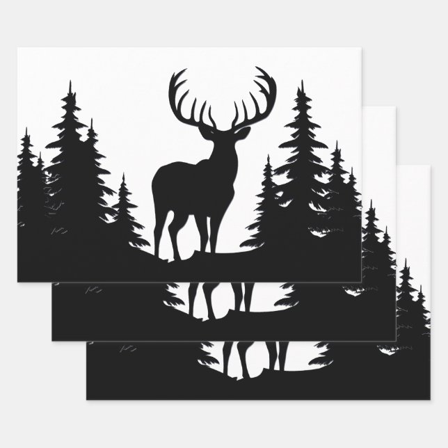 Big Buck Among Pine Tree Vector  Wrapping Paper Sheets (Set)