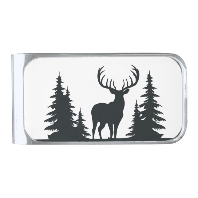 Big Buck Among Pine Trees Silver Finish Money Clip (Front)