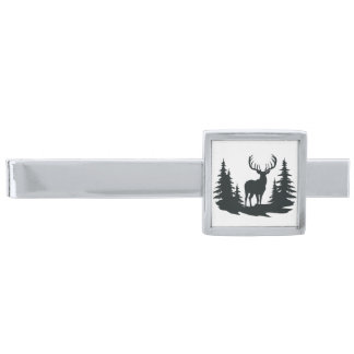 Big Buck Among Pine Trees Vector Silver Finish Tie Bar