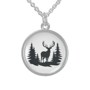Big Buck Among Pine Trees Vector Sterling Silver Necklace