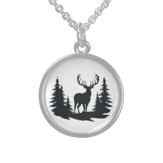 Big Buck Among Pine Trees Vector Sterling Silver Necklace