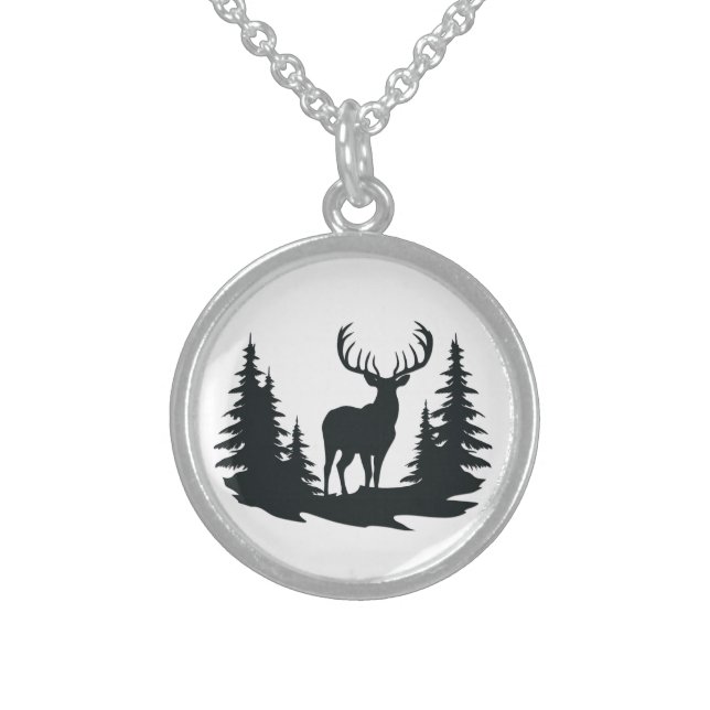 Big Buck Among Pine Trees Vector  Sterling Silver Necklace (Front)