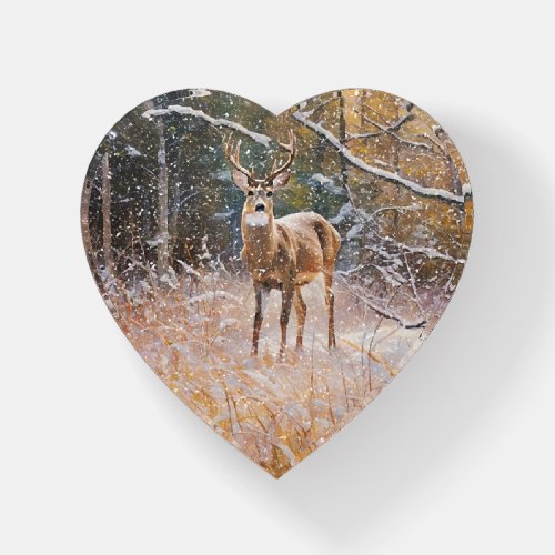 Big Buck Deer in Snow Heart Art Glass Paperweight