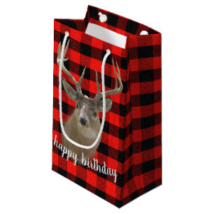 big buck deer on lumberjack plaid small gift bag