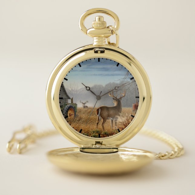 Big Buck  Deer Showdown On The Farm Pocket Watch (Inside)