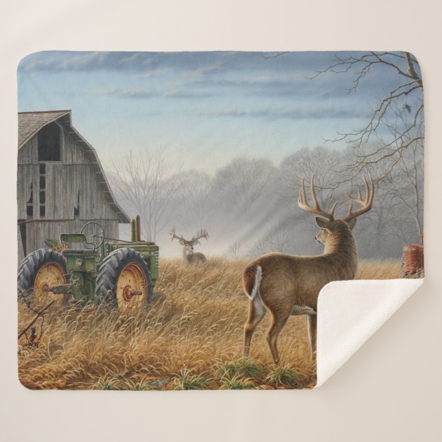 Big Buck  Deer Showdown On The Farm Sherpa Blanket (Front (Horizontal))