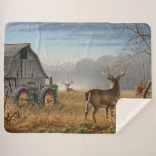 Big Buck Deer Showdown On The Farm Sherpa Blanket